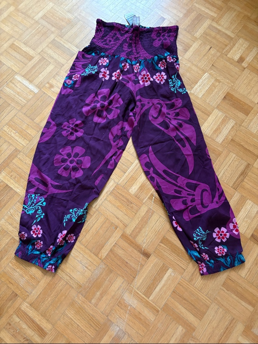 Native Northwest Purple Floral Smocked Waist Harem Pants